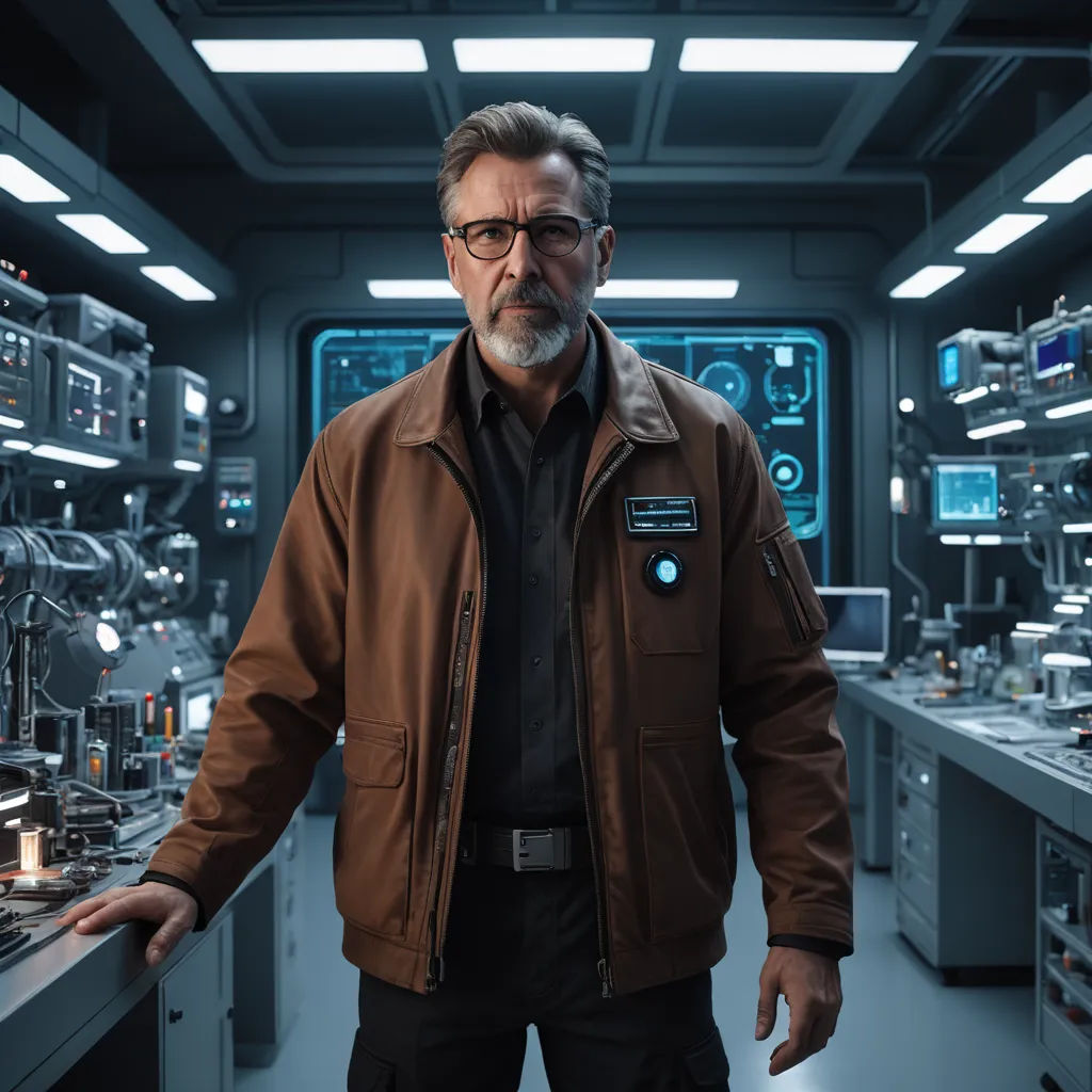 a man in a brown jacket standing in a room with many machines and lights on it's walls, rayonism, a character portrait, Bedwyr Williams, promotional image