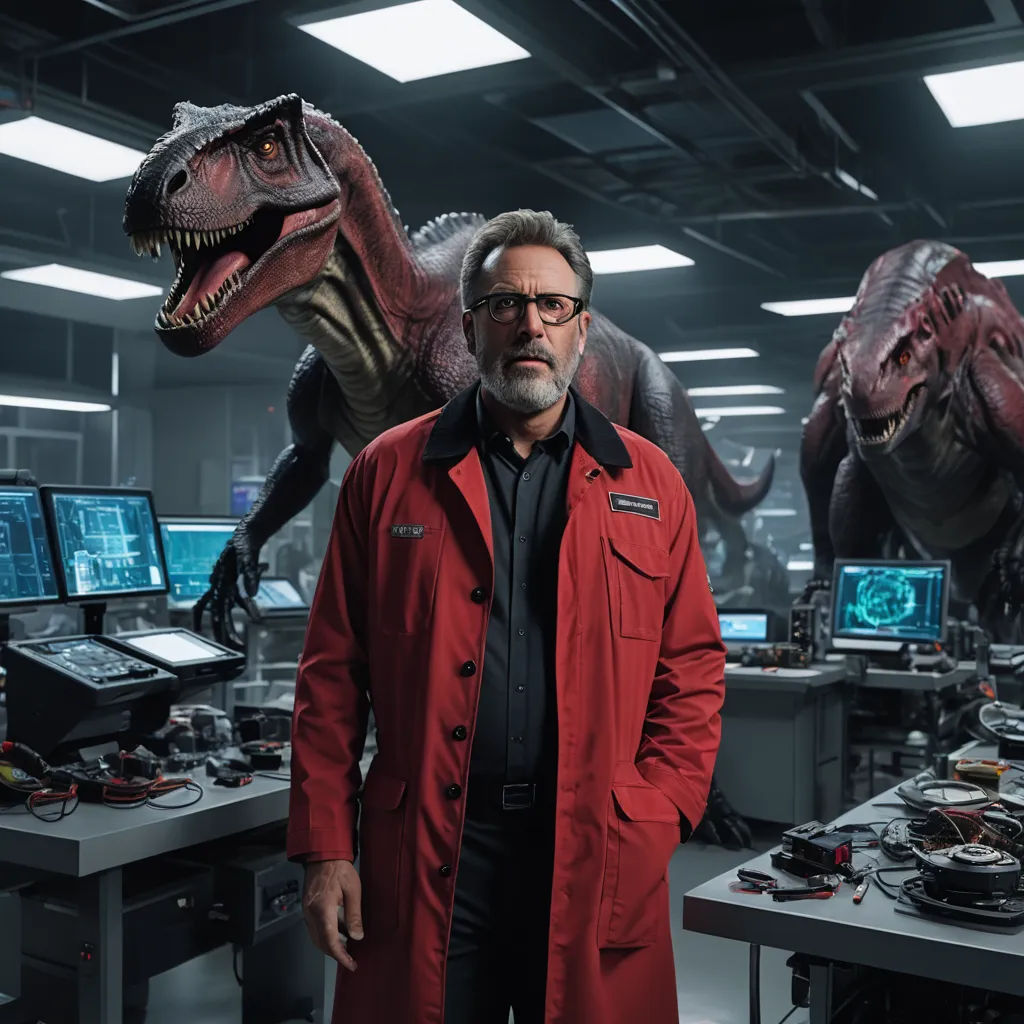 a man in a red coat standing in front of a dinosaur in a room with computer monitors and other equipment, rayonism, poster art, Adam Rex, promotional image