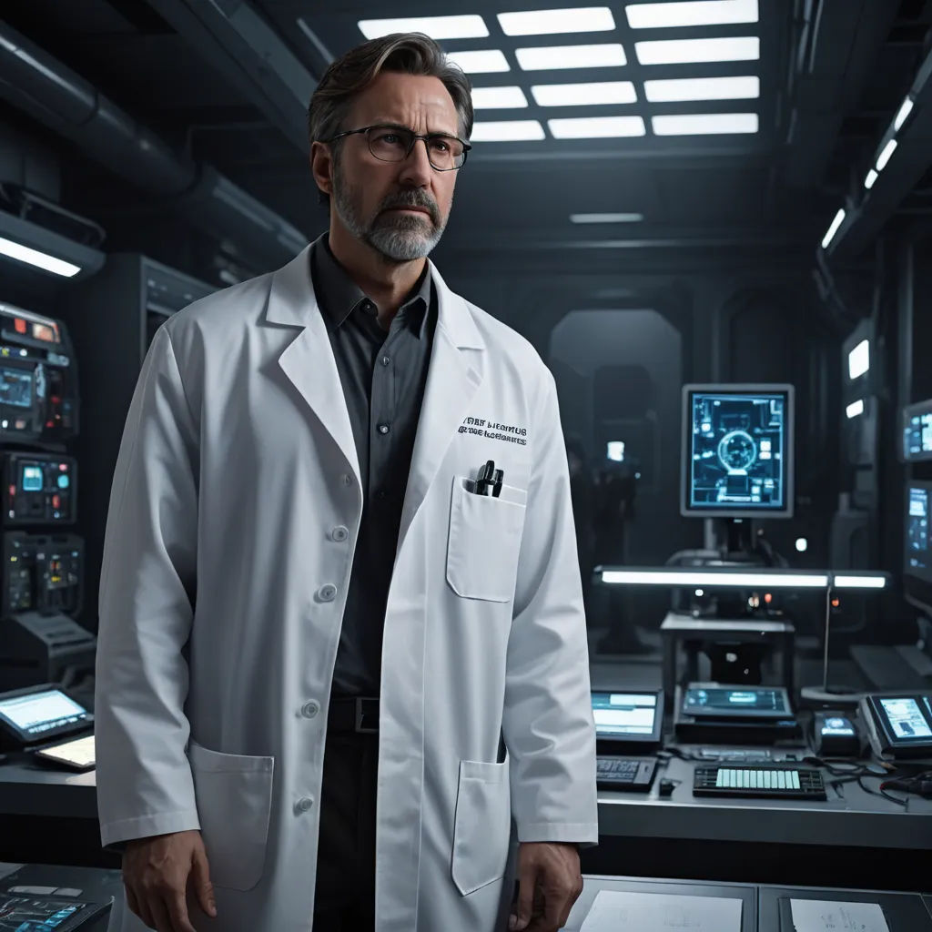 a man in a lab coat standing in front of a computer screen and other equipment in a room with lights, sots art, a character portrait, Doc Hammer, promotional image