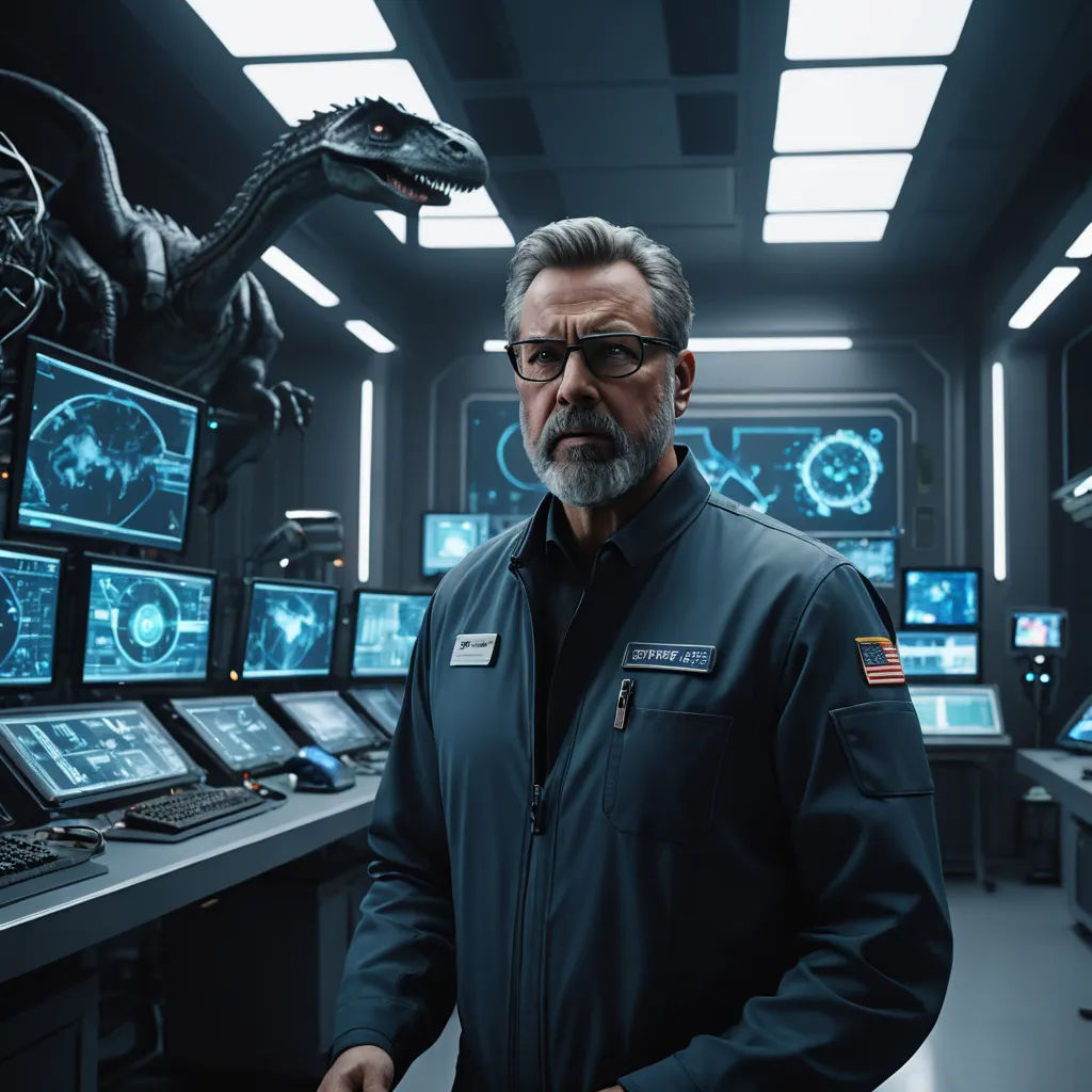 a man in a space station with a dinosaur on the wall and a monitor screen behind him and a monitor screen behind him, space art, a character portrait, Adam Rex, promotional image