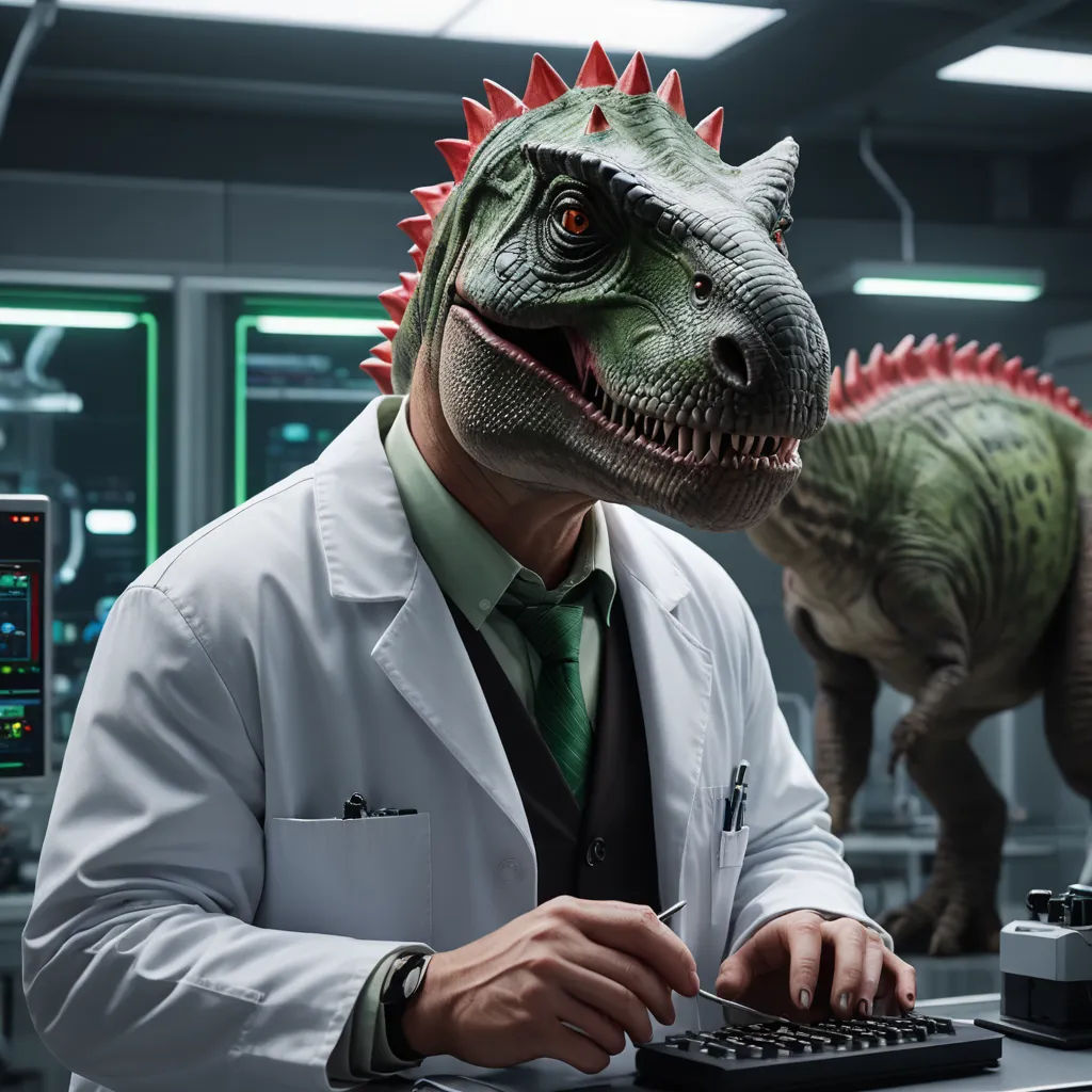 a man in a lab coat and dinosaur head is typing on a keyboard in front of a computer screen, computer art, a stock photo, Adam Rex, unreal engine render