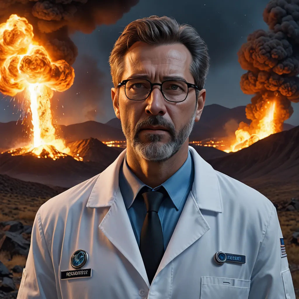 a man in a white lab coat and tie standing in front of a large explosion of smoke and lava, nuclear art, computer graphics, Filip Hodas, cinema 4 d