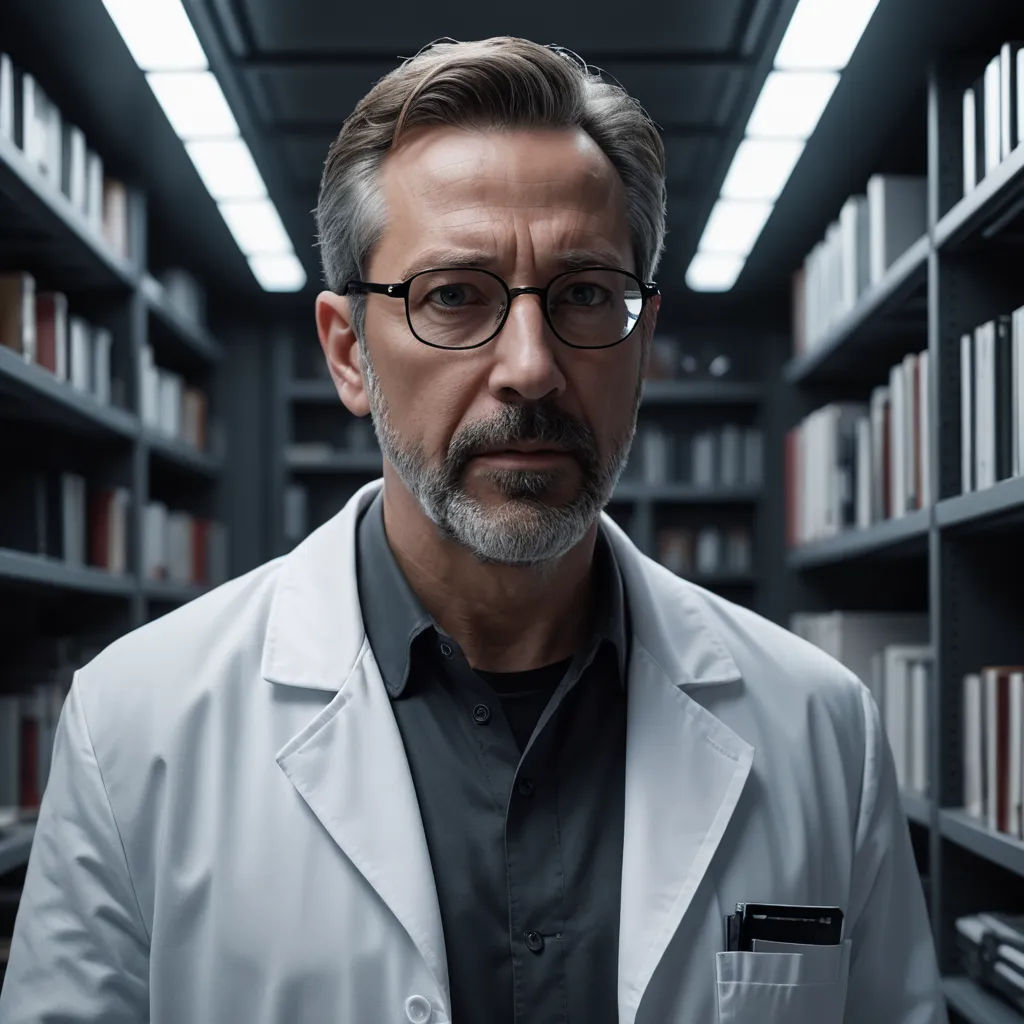 a man in a lab coat standing in a library with a cell phone in his hand and a book in his other hand, sots art, a character portrait, Doc Hammer, vfx