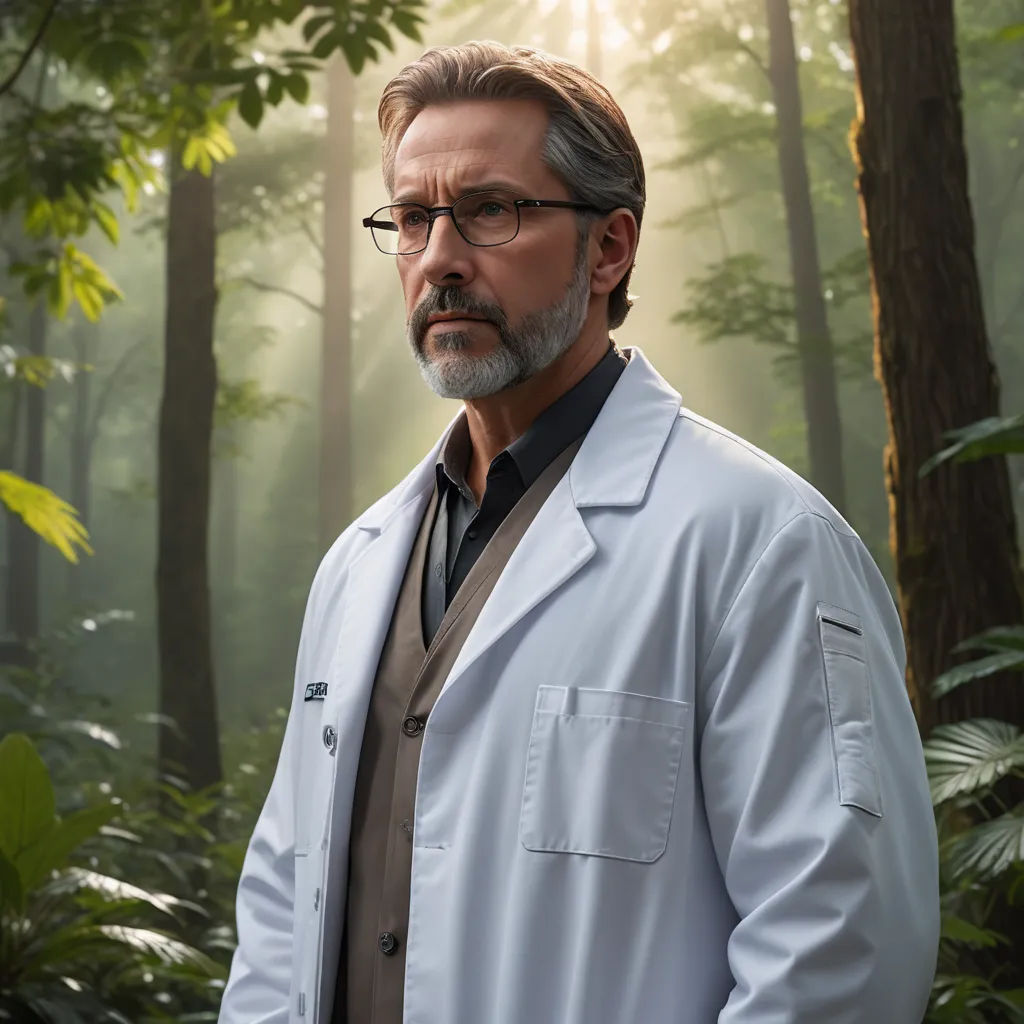 a man in a white lab coat standing in a forest with trees and plants in the background, with the sun shining through the trees, naturalism, a character portrait, Clark Voorhees, promotional image