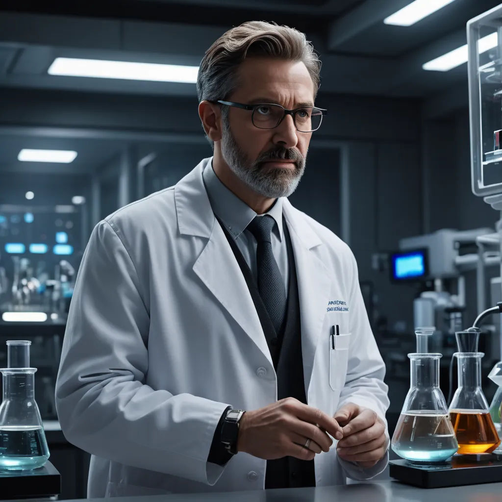 a man in a lab coat and tie holding a beakle in front of a table with test tubes, dau-al-set, a stock photo, Dr. Atl, promotional image