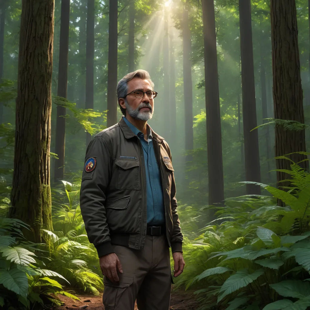 a man standing in the middle of a forest with sun shining through the trees and leaves on the ground, environmental art, poster art, Dean Roger, promotional image