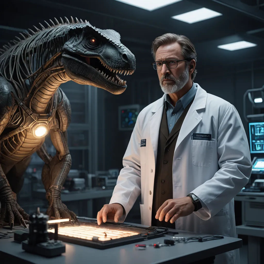 a man in a lab coat standing next to a dinosaur statue in a lab room with a computer on a table, holography, a hologram, Adam Rex, promotional image