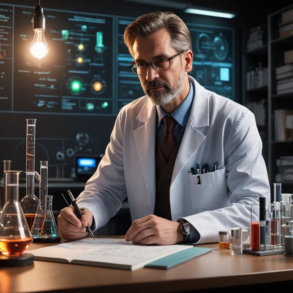 a man in a lab coat writing on a piece of paper with a light bulb above him and a lot of test tubes, neoplasticism, a stock photo, Doc Hammer, plasma