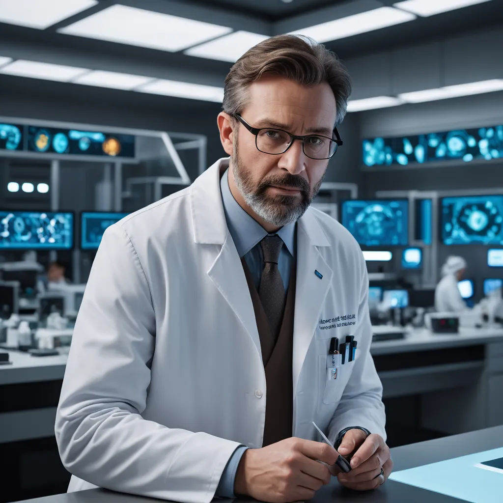 a man in a lab coat looking at a cell phone in a room with many monitors on the wall, dada, a stock photo, Doc Hammer, promotional image