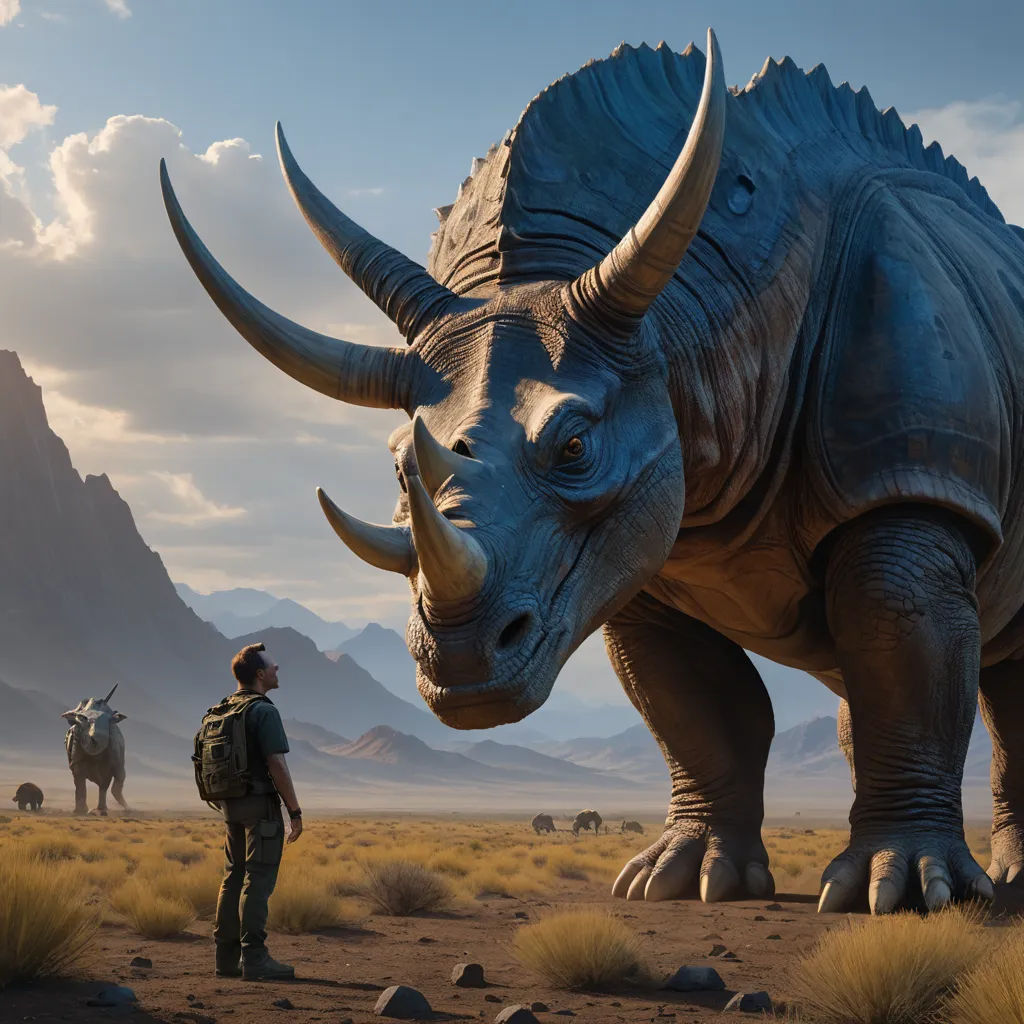 a man standing next to a large dinosaur statue in the desert with other animals in the background and a mountain range in the distance, photorealism, a matte painting, Chris LaBrooy, ultra realistic digital art