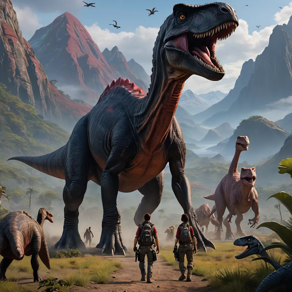 a group of dinosaurs walking across a field next to a forest filled with trees and bushes and mountains in the background, primitivism, concept art, Chris LaBrooy, key art