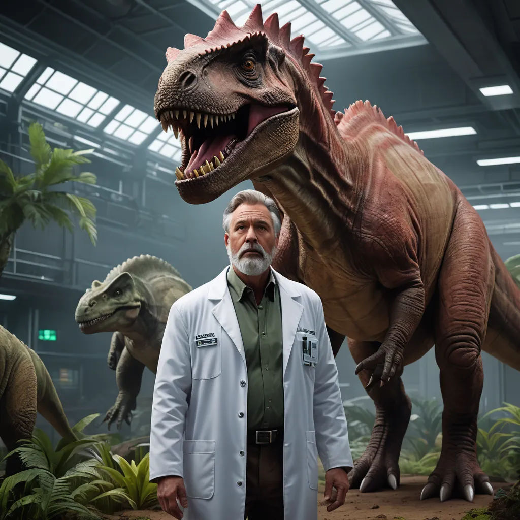 a man standing next to a dinosaur in a museum setting with other dinosaurs in the background and a man in a lab coat, photorealism, computer graphics, Adam Rex, promotional image