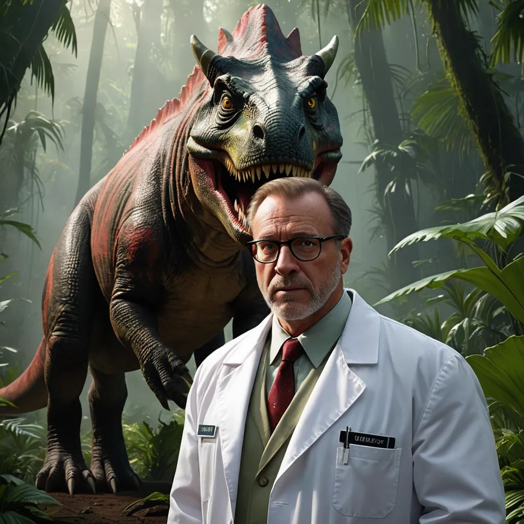 a man in a lab coat standing next to a dinosaur statue in a forest with trees and plants behind him, photorealism, a character portrait, Adam Rex, promotional image