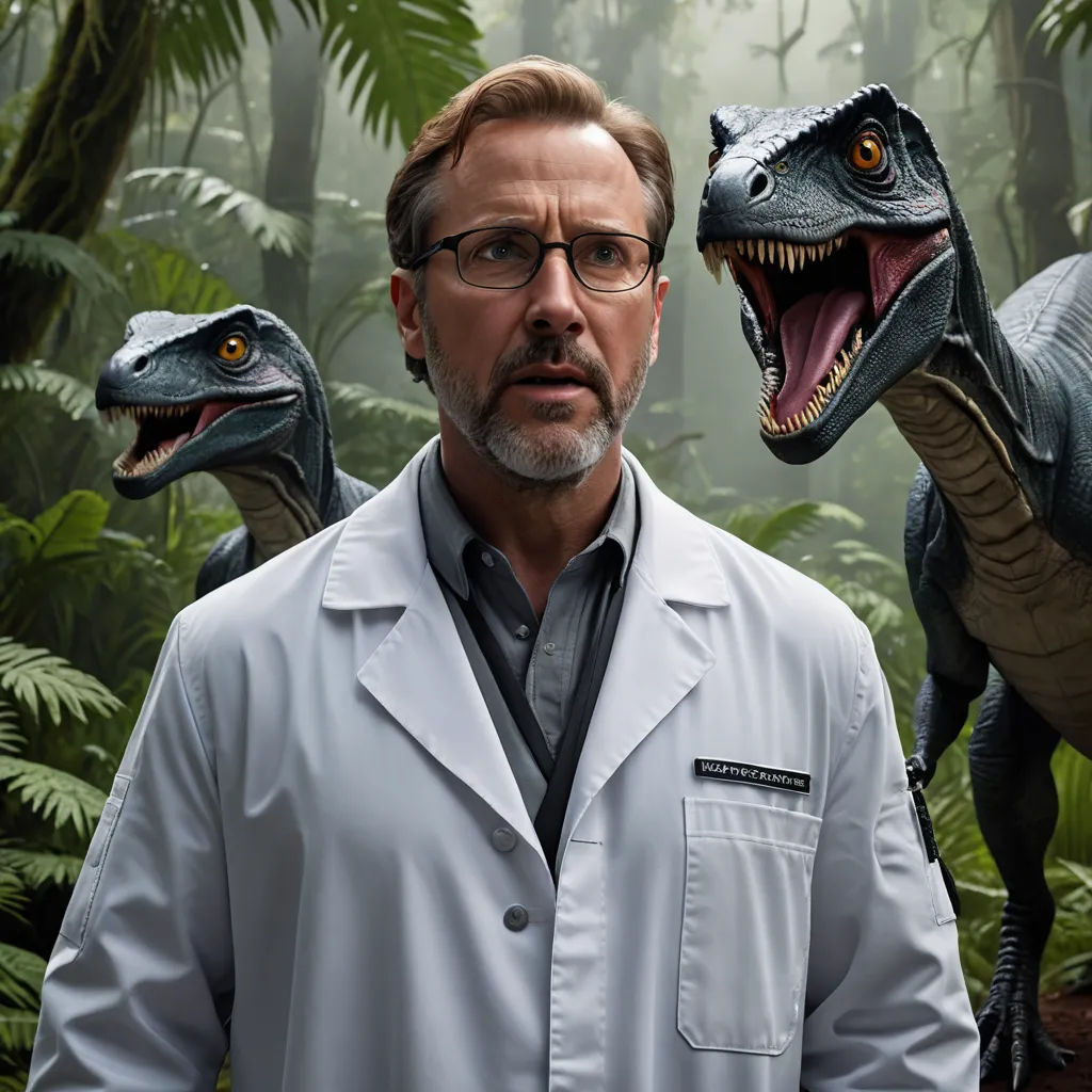 a man in a lab coat standing next to a dinosaur in a forest with trees and plants behind him, rayonism, a stock photo, Adam Rex, promotional image