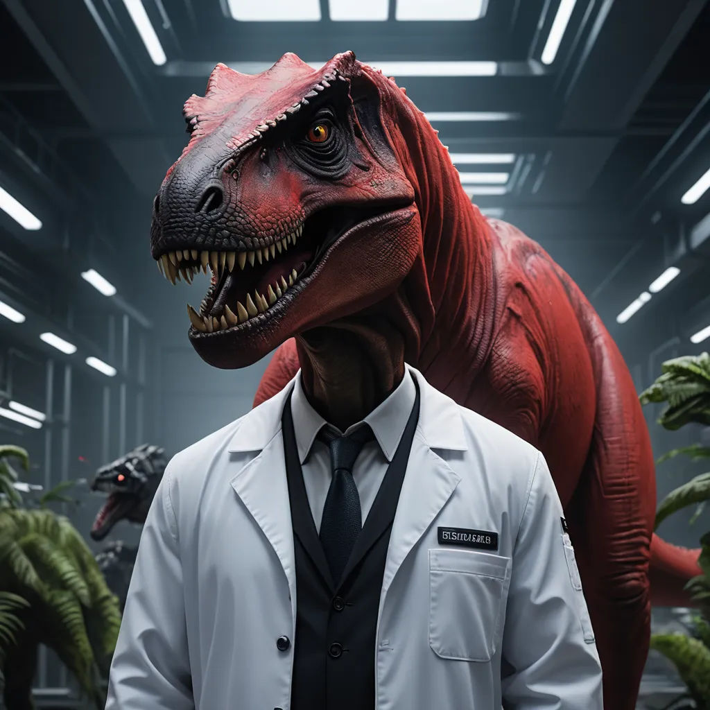a man in a white lab coat and tie standing next to a dinosaur in a room with plants and other dinosaurs, photorealism, a character portrait, Adam Rex, promotional image