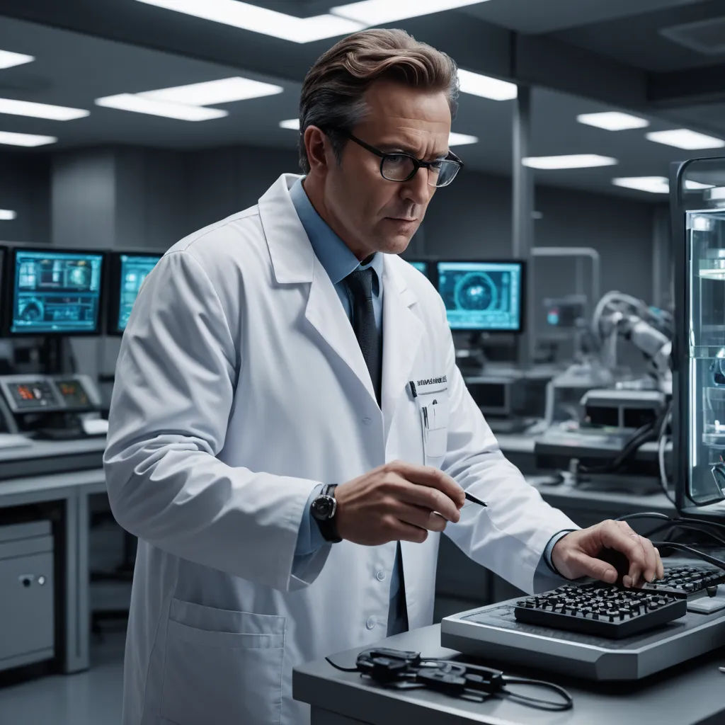 a man in a lab coat is typing on a keyboard and monitor screen in front of him is a large monitor screen, les automatistes, computer graphics, Doc Hammer, promotional image