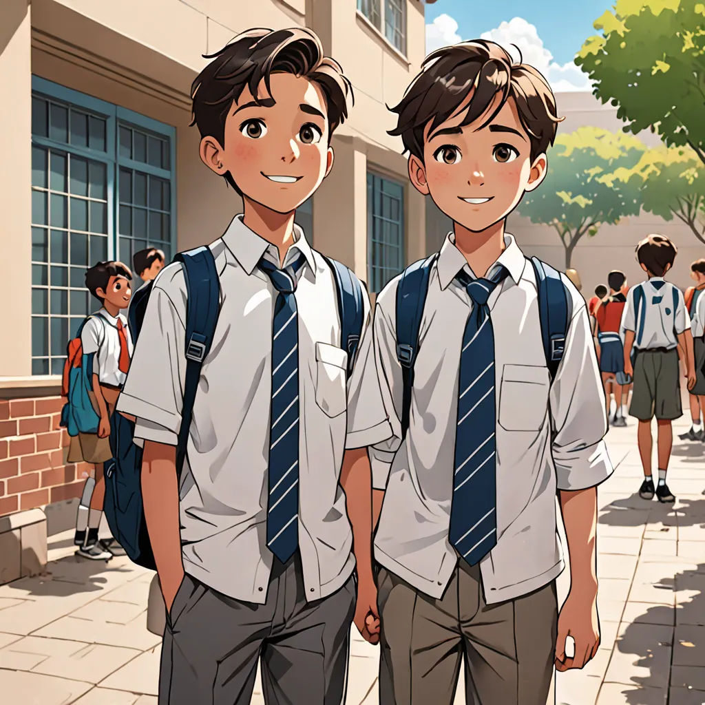 two young boys wearing school uniforms standing in front of a building with a group of people behind them on a sidewalk, northwest school, a comic book panel, Brothers Hildebrandt, official art