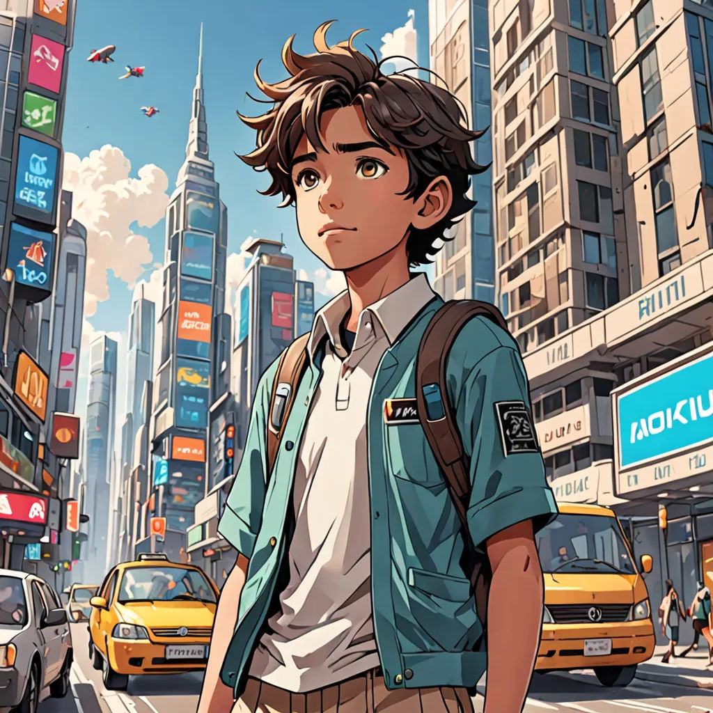 a man standing in the middle of a city street with a backpack on his back and a cityscape in the background, american scene painting, a comic book panel, Clint Cearley, rossdraws global illumination