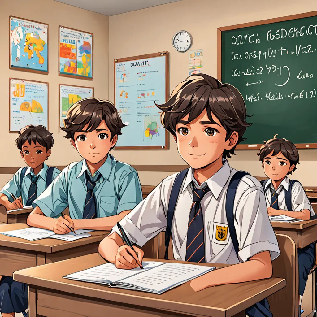 a group of children sitting at desks in a classroom with a chalkboard and a clock on the wall, vancouver school, computer graphics, Adam Manyoki, official art