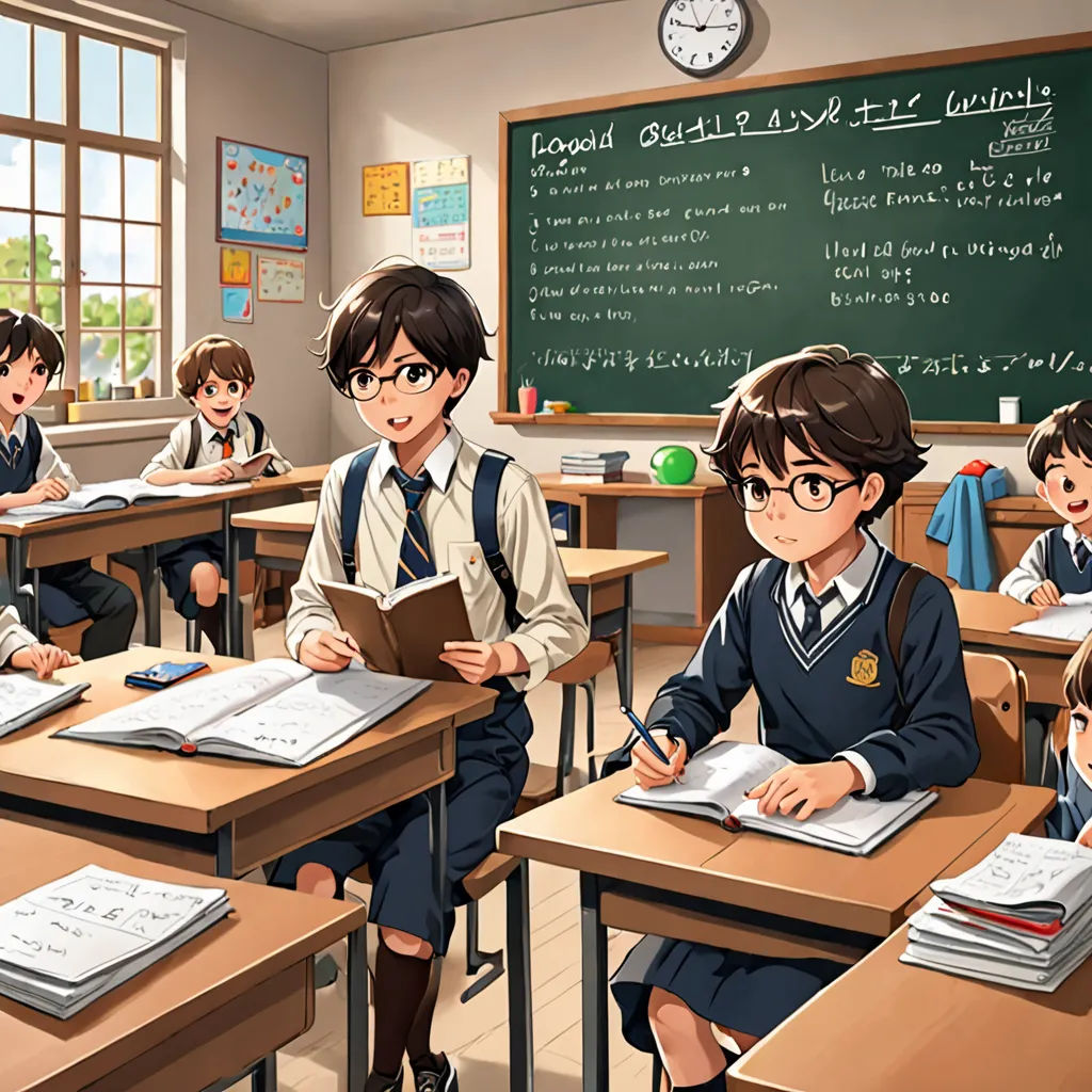 a group of children sitting at desks in a classroom with books and papers in front of them and a clock, remodernism, a detailed painting, Ai-Mitsu, official art