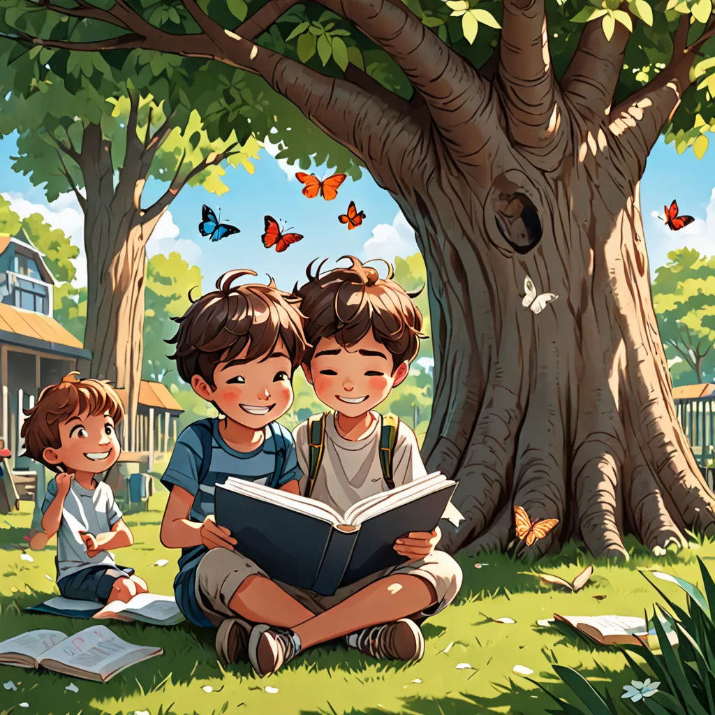a boy and a girl sitting under a tree reading a book together, with butterflies flying around them, in a park, fantasy art, a storybook illustration, Diego Gisbert Llorens, storybook illustration