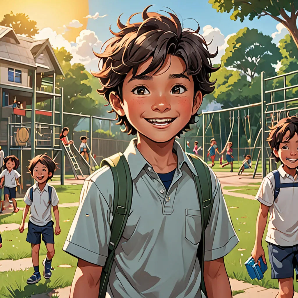 a boy in a school uniform is standing in front of a playground with other children in the background and a building with a playground, vancouver school, a storybook illustration, Aaron Jasinski, rossdraws global illumination