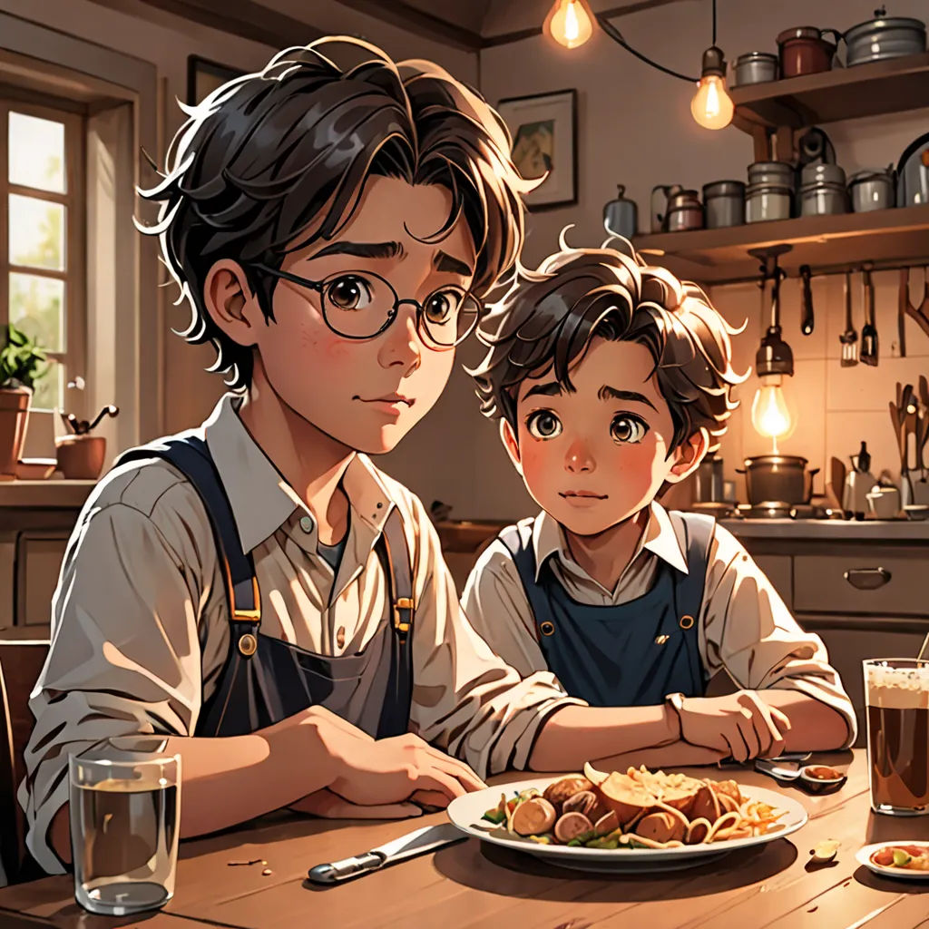 a boy and a girl sitting at a table with food and drinks in front of them, looking at the camera, sots art, a storybook illustration, Brothers Hildebrandt, official art