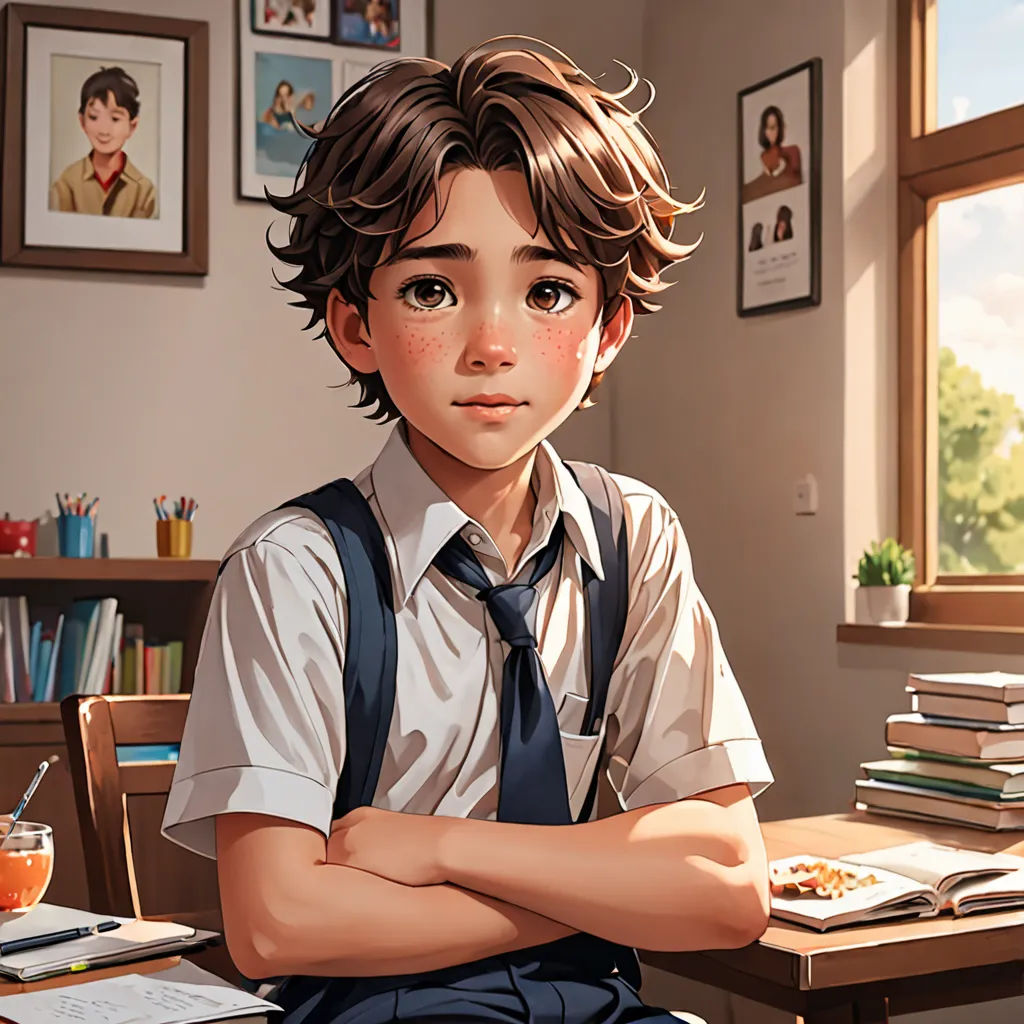 a boy in a school uniform sitting at a desk with his arms crossed and looking at the camera with a book on the desk, paris school, a character portrait, Cedric Seaut (Keos Masons), rossdraws global illumination