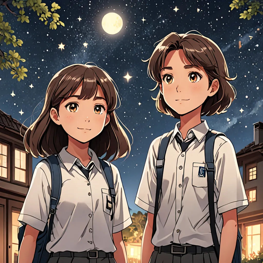 two anime characters standing in front of a night sky with stars and a full moon in the background,, serial art, an album cover, Ai-Mitsu, official art