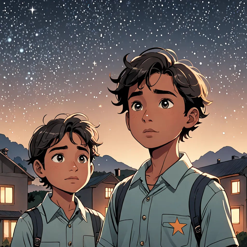 two young boys standing in front of a house under a night sky with stars above them and a house with a star on the roof, space art, a comic book panel, Asaf Hanuka, stars