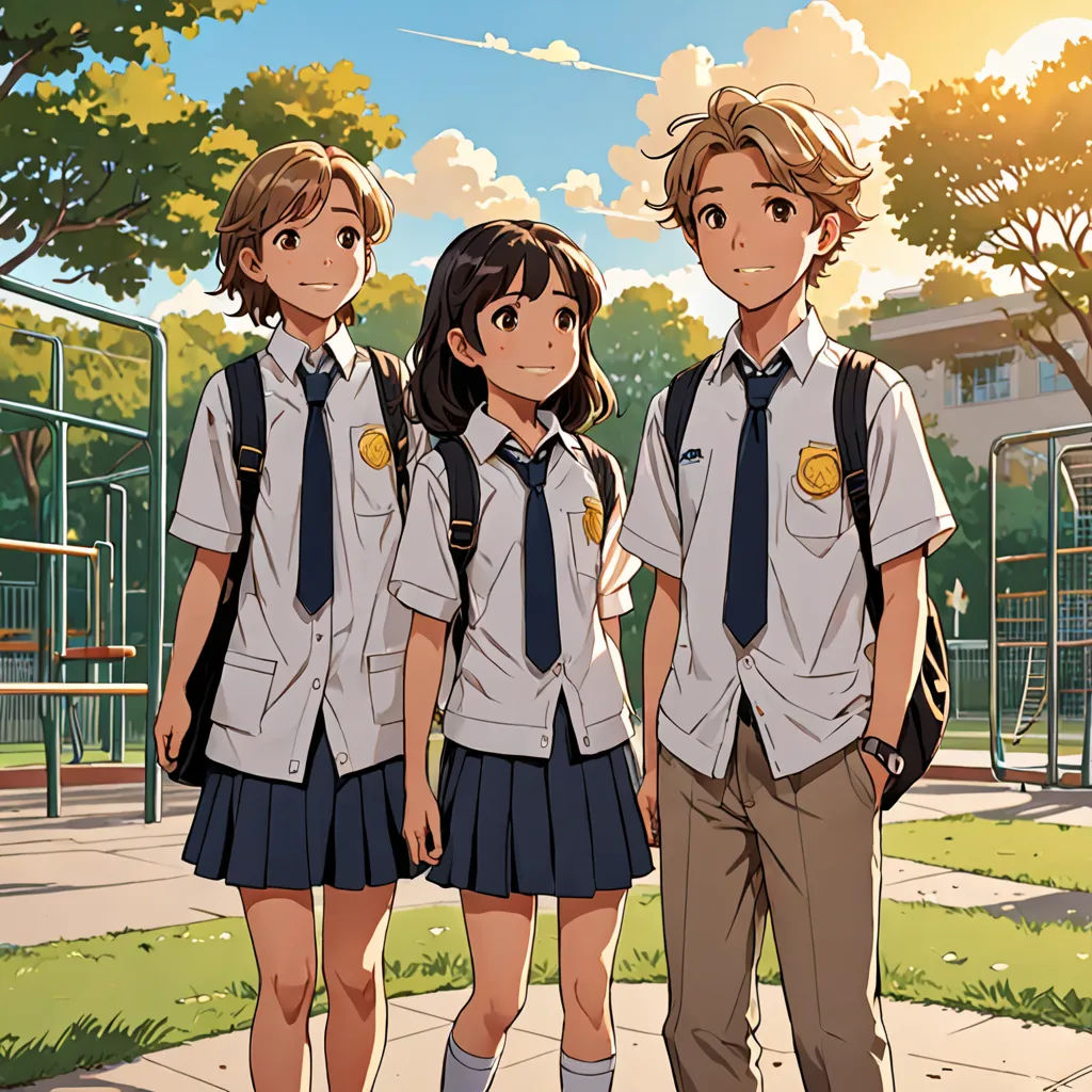 three young girls in school uniforms standing on a sidewalk in front of a playground with a playground in the background, serial art, a manga drawing, Aya Goda, official art