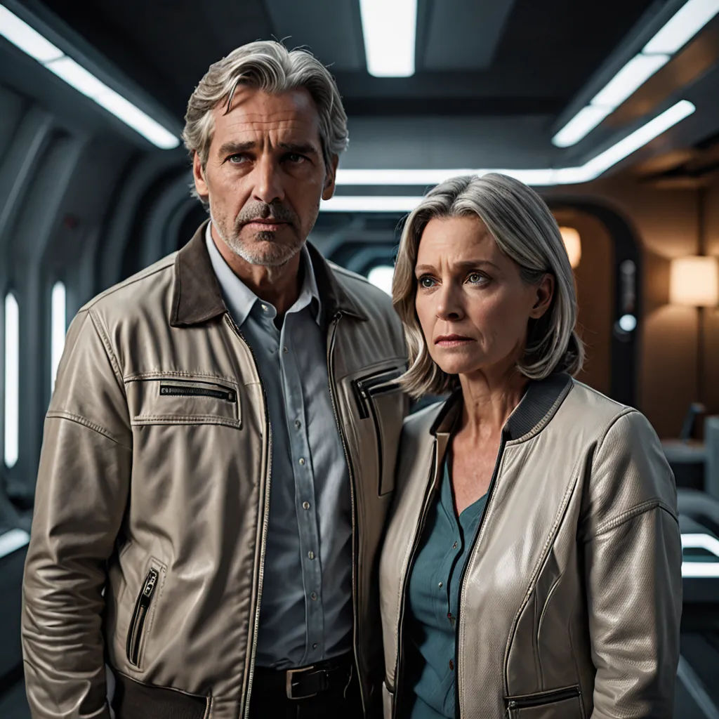 a man and a woman standing in a room together, looking at the camera, with a spaceship in the background, international gothic, a poster, Dean Roger, promotional image