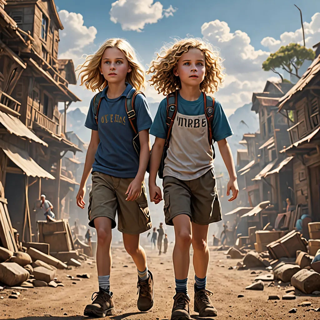 two children walking down a dirt road in a village with a sky background and clouds in the sky above, photorealism, a detailed matte painting, Daniel Lieske, promotional image