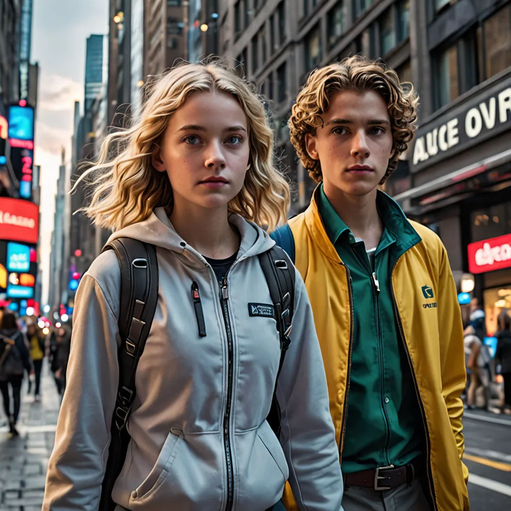 a couple of people standing on a street next to a tall building with a clock on it's side, maximalism, a poster, Felix-Kelly, promotional image