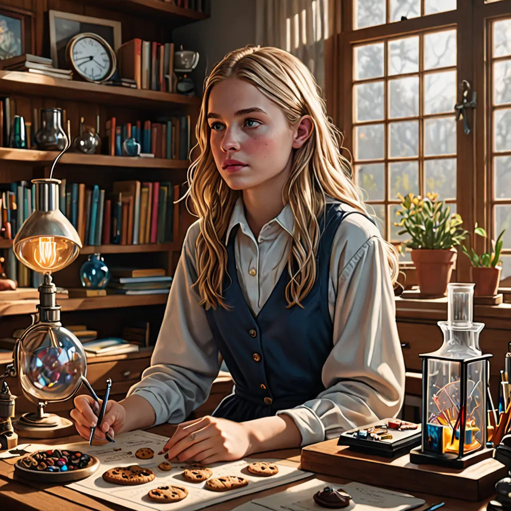 a woman sitting at a table with a tray of cookies and a lamp in front of her and a bookcase full of books, photorealism, a hyperrealistic painting, Bob Byerley, extremely detailed oil painting