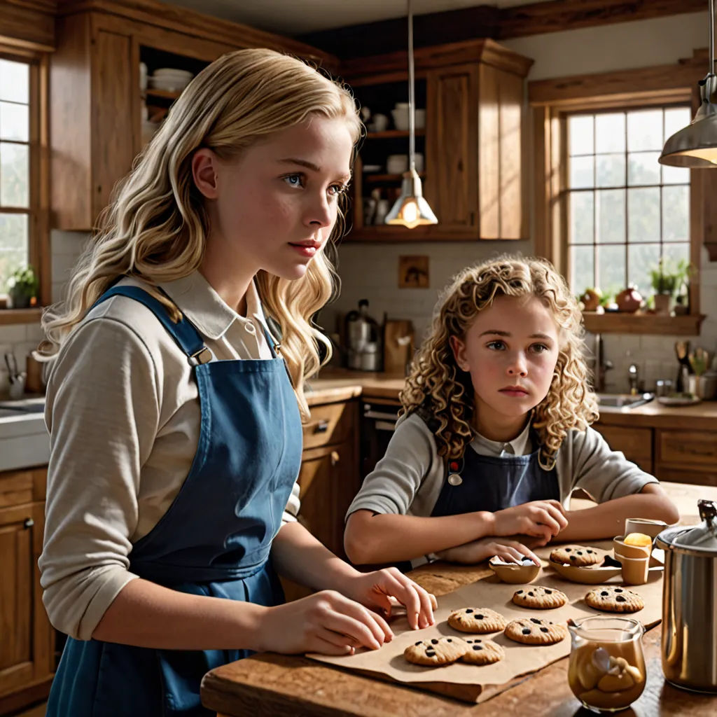 a woman and a girl are making cookies in a kitchen together, with a pot of tea in the background, american realism, a detailed matte painting, Elinor Proby Adams, promotional image
