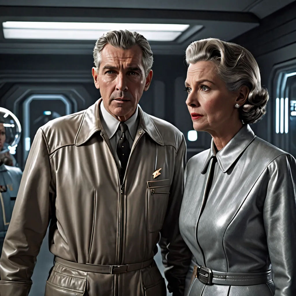 a man and a woman standing next to each other in a room with lights on and a star trek ship in the background, retrofuturism, a poster, Douglas Shuler, promotional image