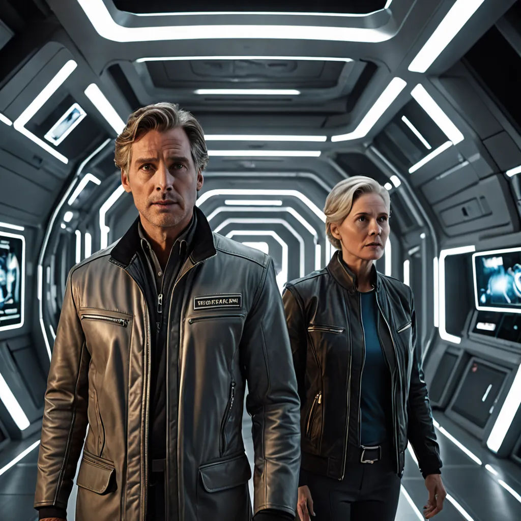 a man and a woman standing in a sci - fi fi fi tunnel with lights on the ceiling and a television screen in the background, retrofuturism, poster art, Eve Ryder, promotional image