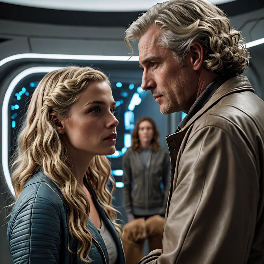 a man and a woman standing in a room together, looking at each other, with a dog in the background, retrofuturism, a hologram, Dean Roger, promotional image