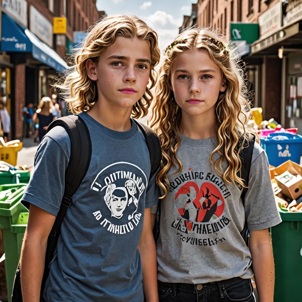 two young children standing next to each other on a street corner with a trash can in the background and a garbage can in the foreground, antipodeans, a photocopy, Christian Hilfgott Brand, promotional image
