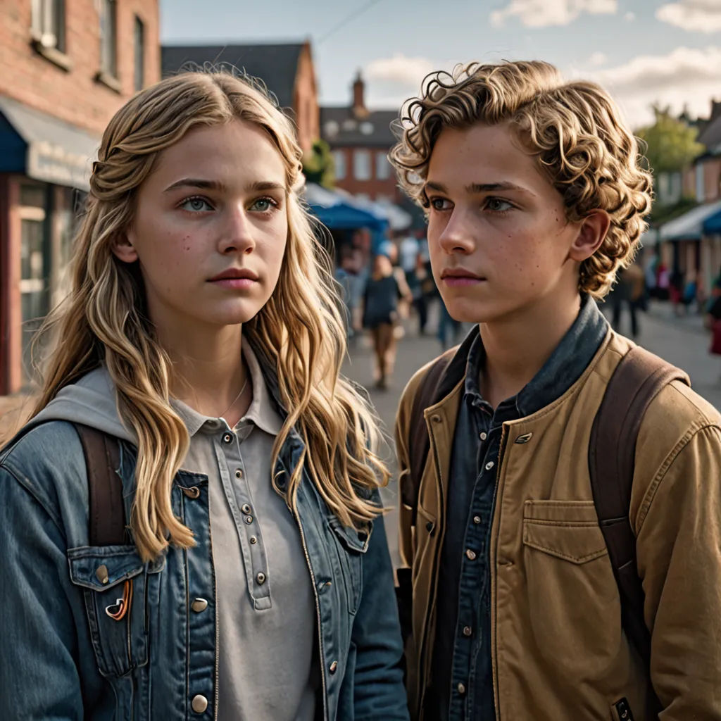 a boy and a girl standing next to each other on a street corner with a building in the background, aestheticism, a poster, Anne Said, promotional image