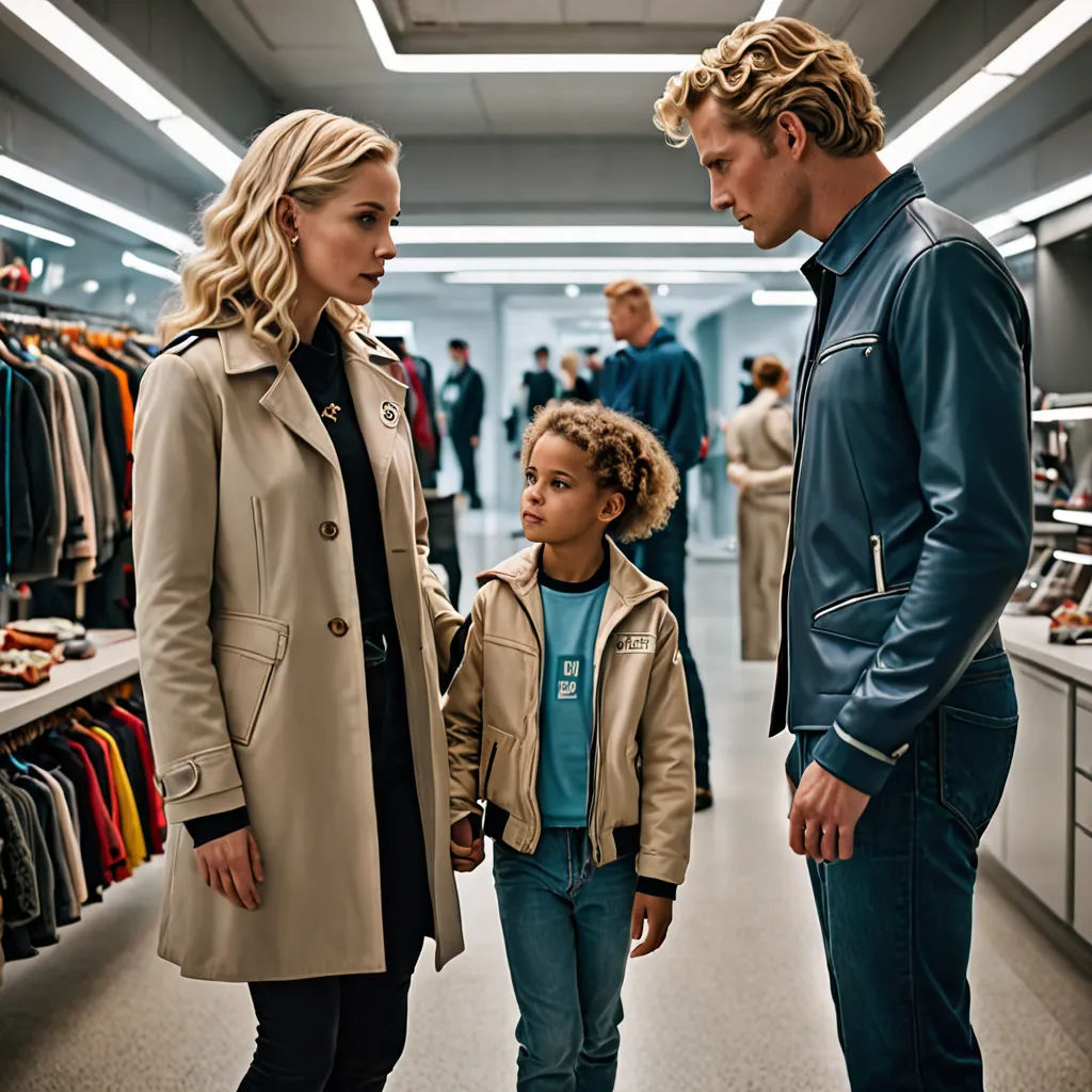 a man and a woman are standing in a store with a child in front of them and a man is looking at the child, neoism, a poster, David Brewster, promotional image