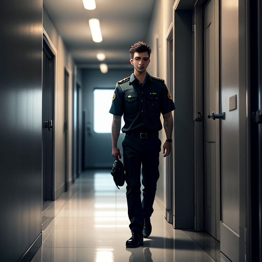 a man in uniform walking down a hallway with a glove in his hand and a helmet in his hand