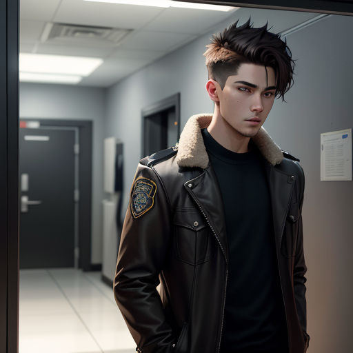 a man in a black shirt and a brown jacket standing in a hallway with a black jacket on and a black shirt on