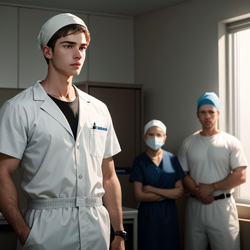 a group of doctors standing in a room with a window behind them and a man in scrubs standing in front of them