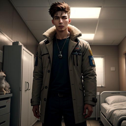 a man in a military coat standing in a hospital room with a bed and a dog on the floor