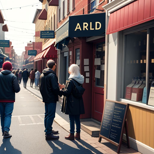 a group of people standing outside of a store on a street corner with a sign that says arld
