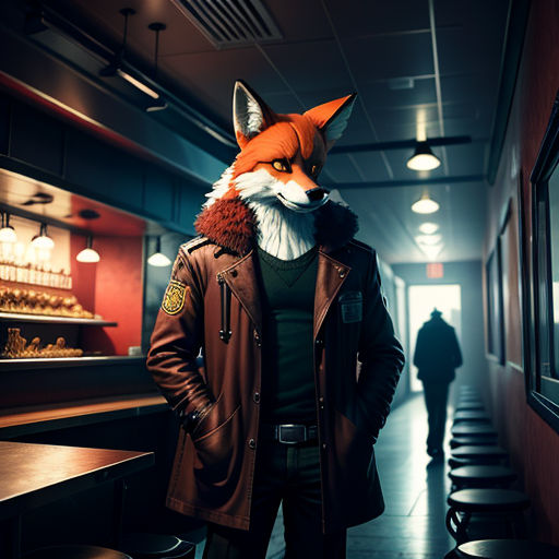 a man in a red fox mask standing in a restaurant with a bar in the background and a person in a brown jacket