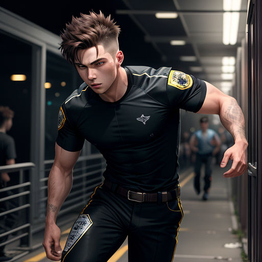 a man in a uniform is walking down a hallway with a gun in his hand and a man with a mohawk on his head