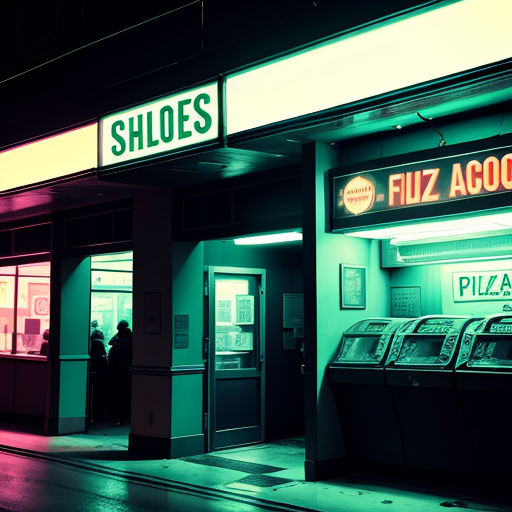 a store front with a neon sign and a person standing outside the store at night time, with a neon light on the front of the building